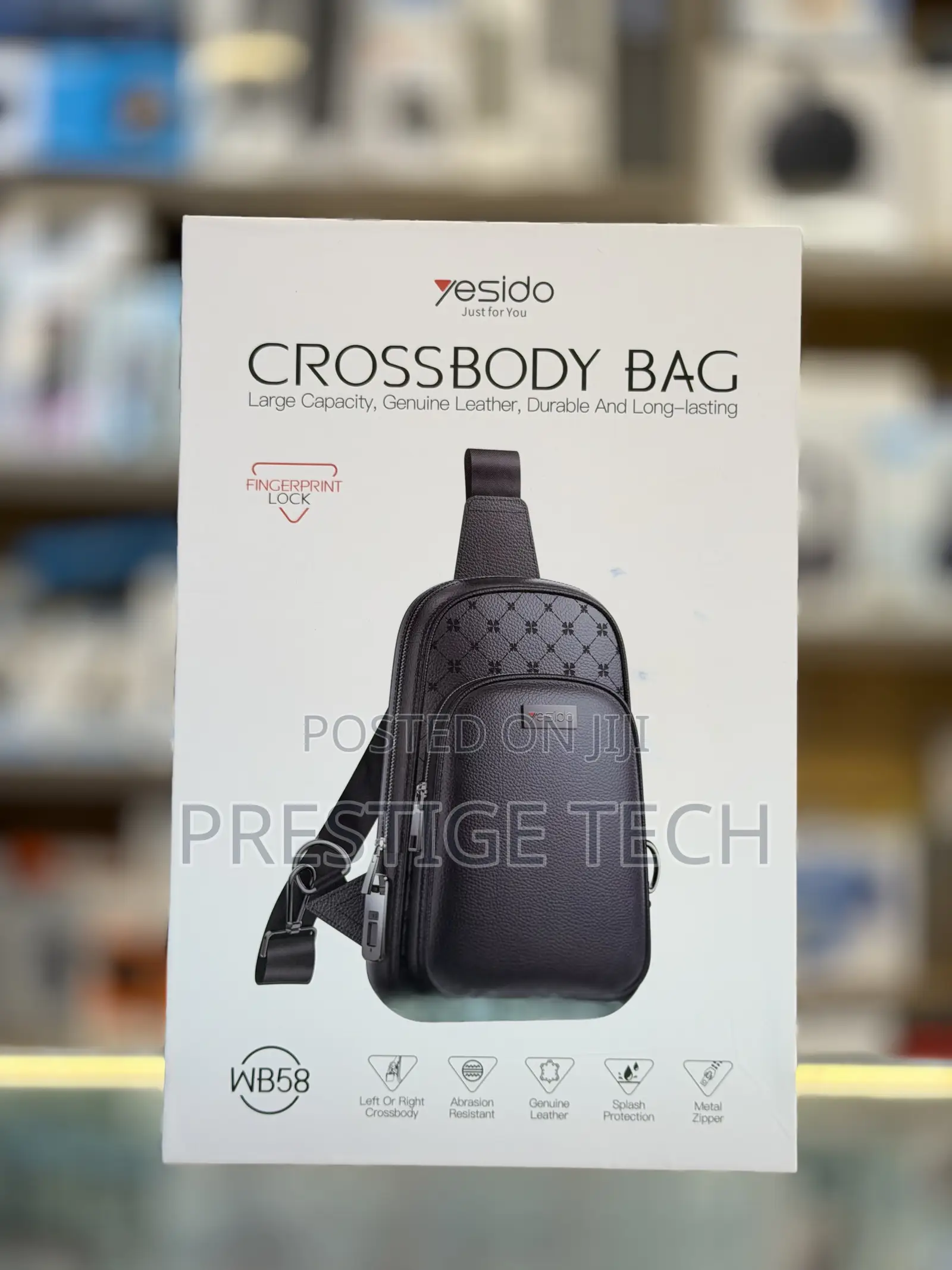 Yesido Smart Cross Body Bag With Fingerprint Lock Black Leather