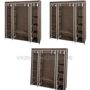 Brown Three-Column Fabric Wardrobe With a Wooden or Steel Frame