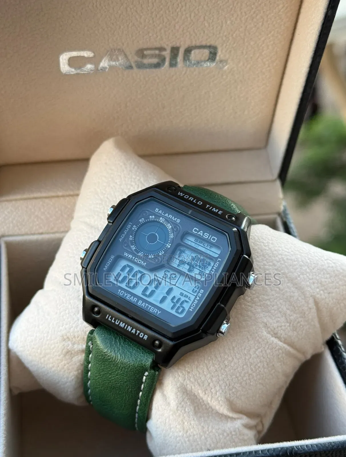 Green Leather Strapped Casio Men's Original Digital Time Piece