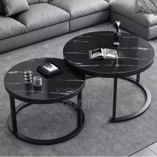 2pcs Marble Tampered Glass Centre Table - Black