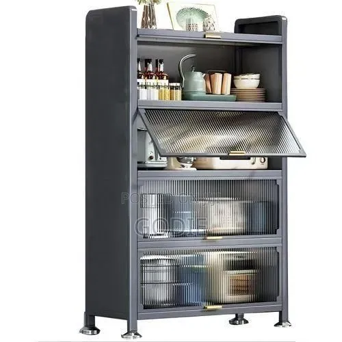 Five-Tier Floor-Standing Kitchen Storage Cabinet With Glass Doors