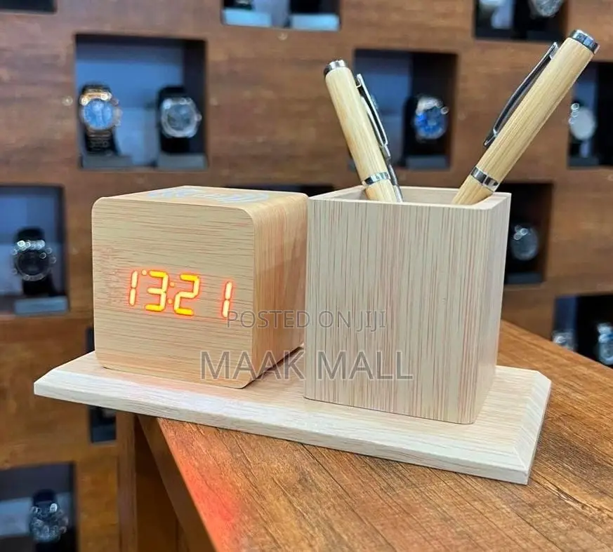 Classic Wooden Office Table Organizer With A Clock