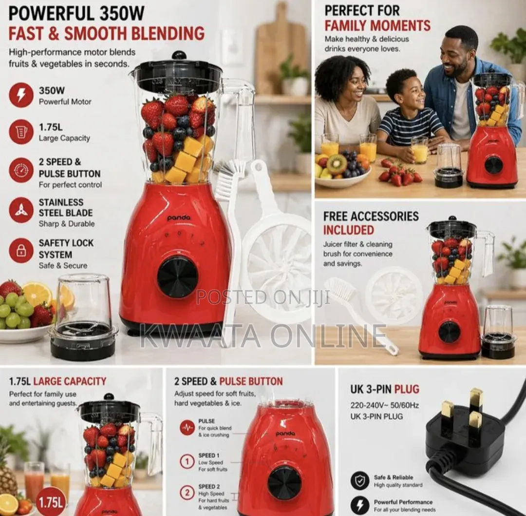 1.75litres Panda 2in 1 Juice Blender With Grinder, Red or Black-350w
