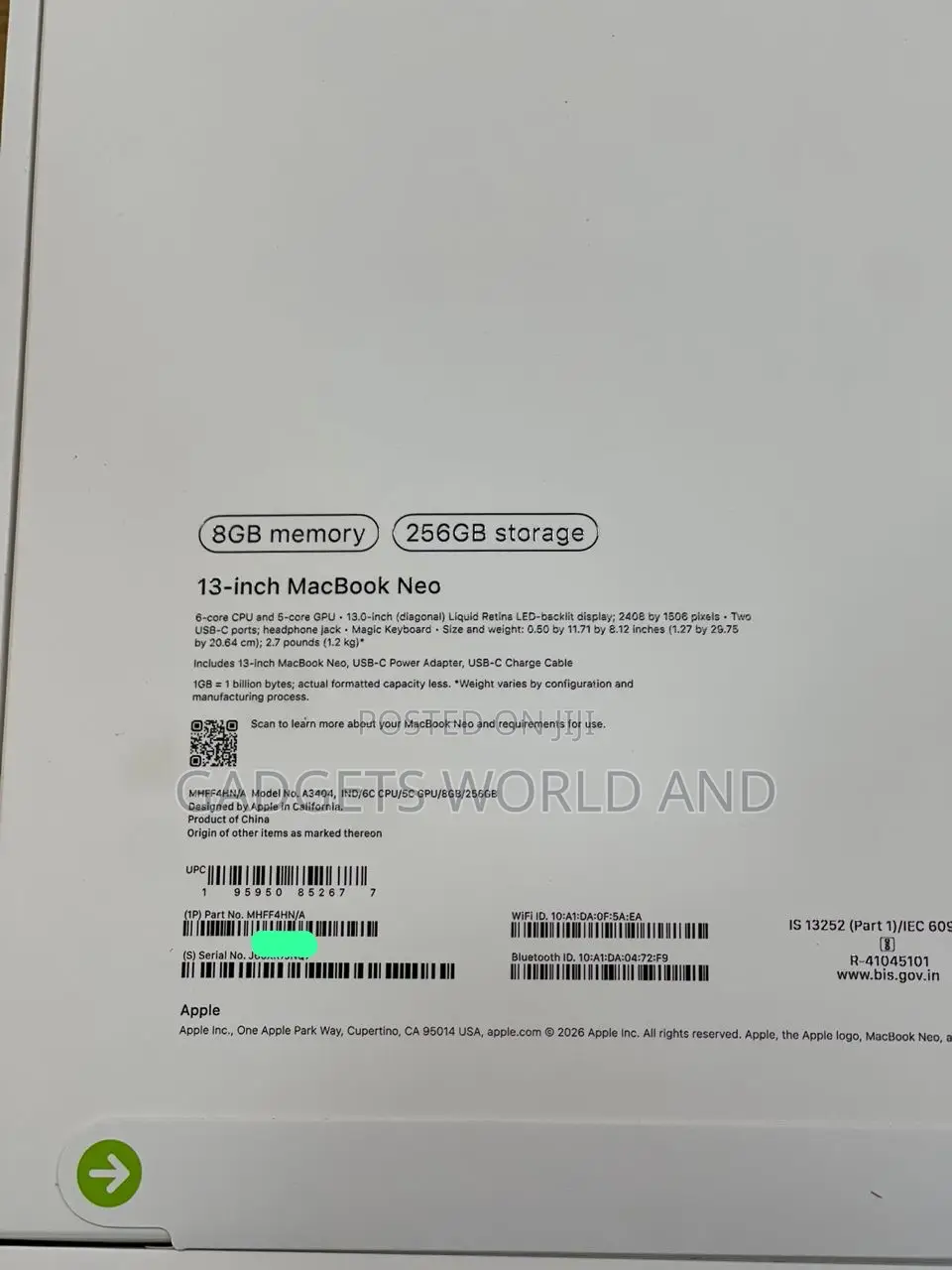 New Laptop Apple MacBook Neo 2026 8GB SSD 256GB