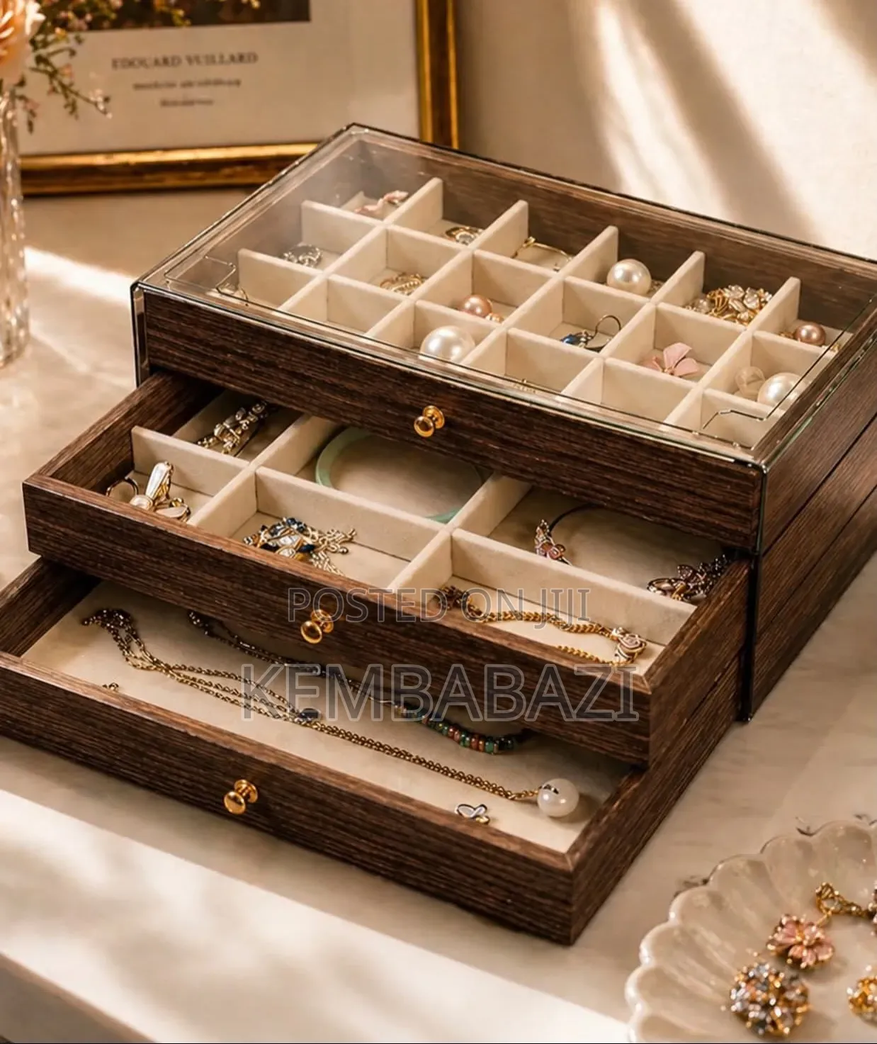 22*13*10.8cm 3-tier Wooden Jewelry Storage Box