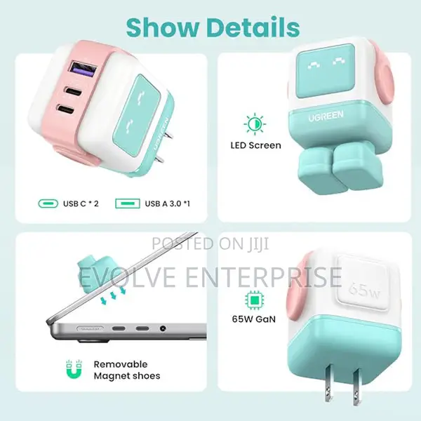 Ugreen Uno 65w Gan Usb-C Charger Robot Design 3-Port