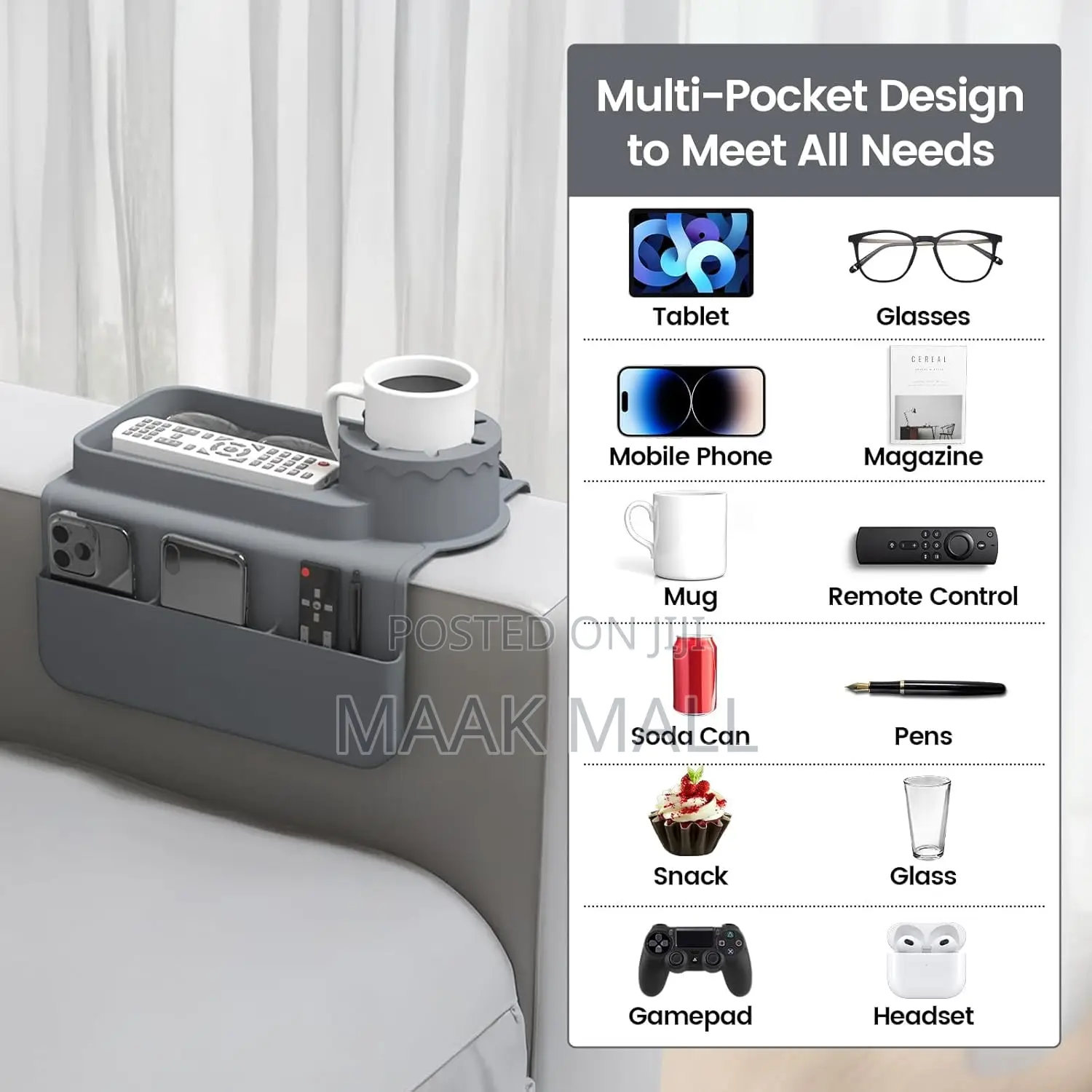 Couch Cup Holder Tray, Silicone Sofa Armrest Organizer
