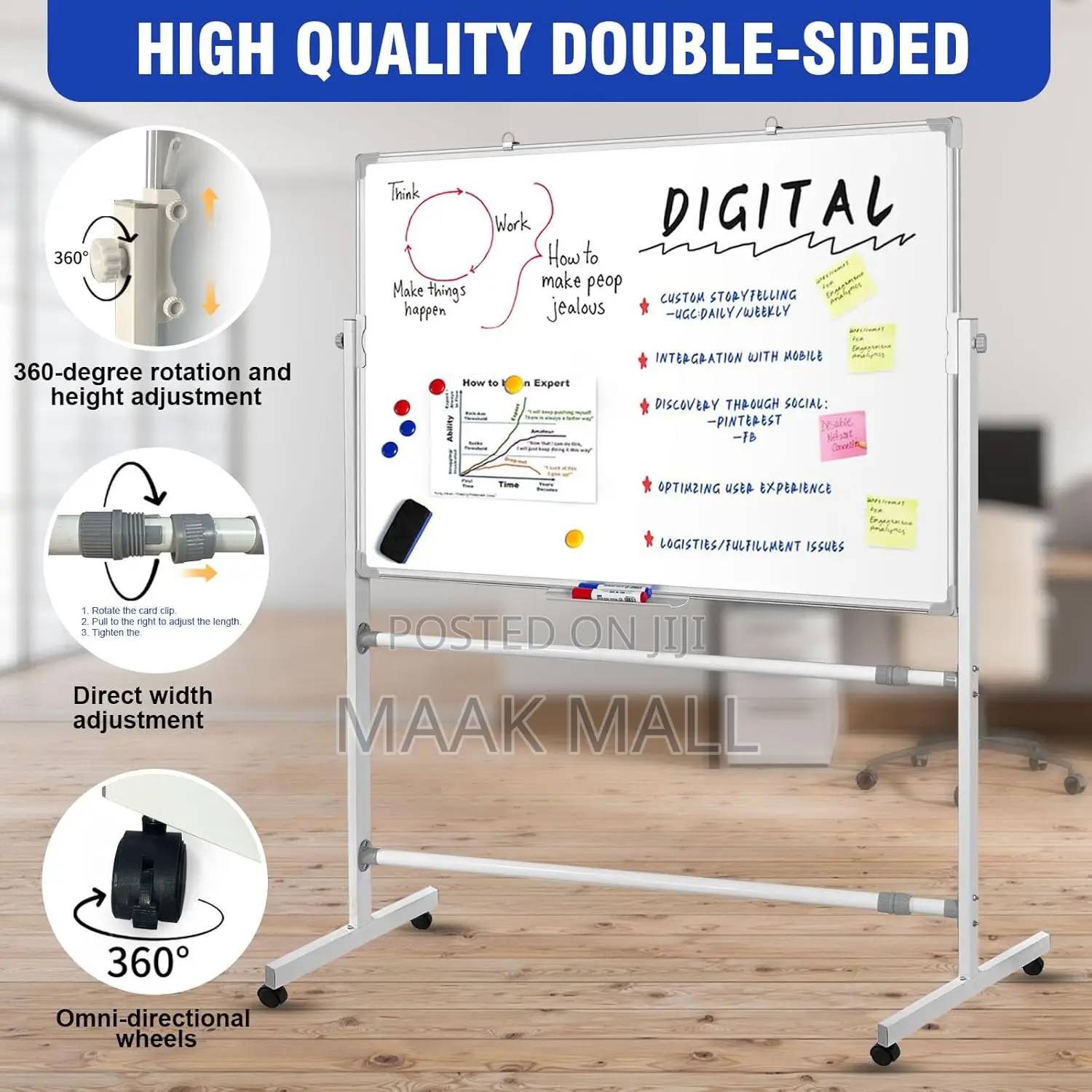 Mobile Whiteboard With Stand 90x60cm, Double Sided Magnetic