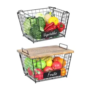 Stackable Wire Storage Basket With A Bamboo Top-msa-1959