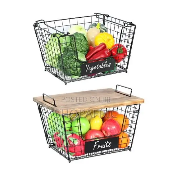 Stackable Wire Storage Basket With A Bamboo Top-msa-1959
