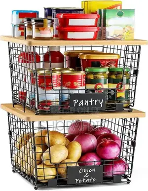 Stackable Wire Storage Basket With A Bamboo Top-msa-1959