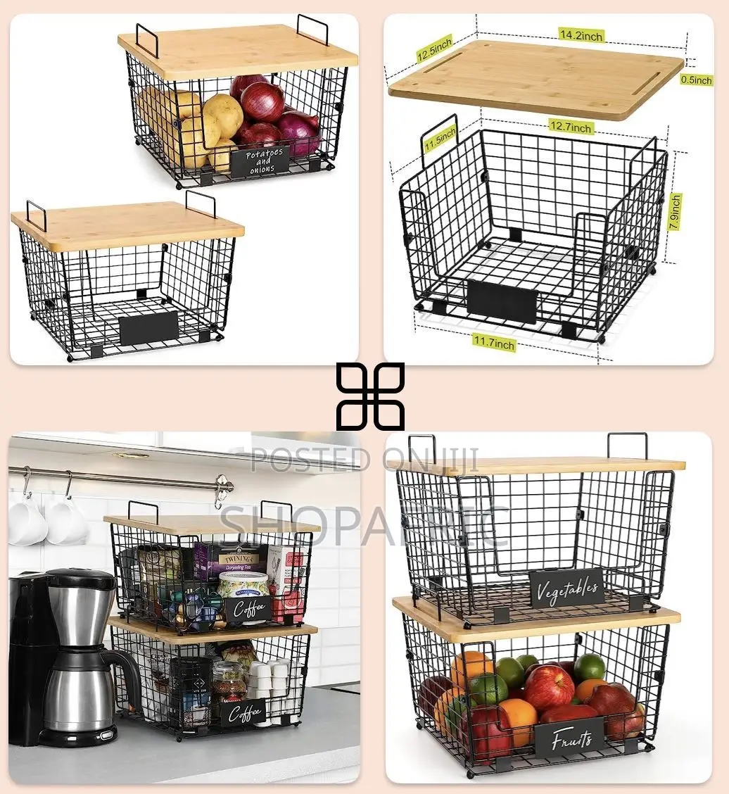 Stackable Wire Storage Basket With A Bamboo Top-msa-1959