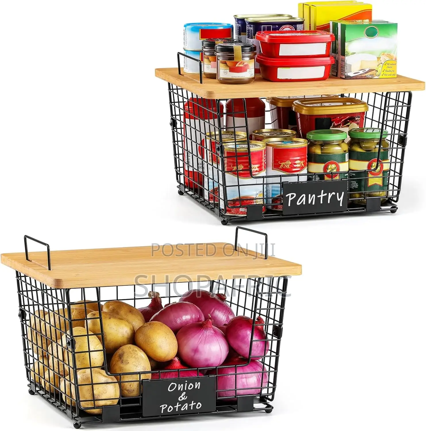 Stackable Wire Storage Basket With A Bamboo Top-msa-1959