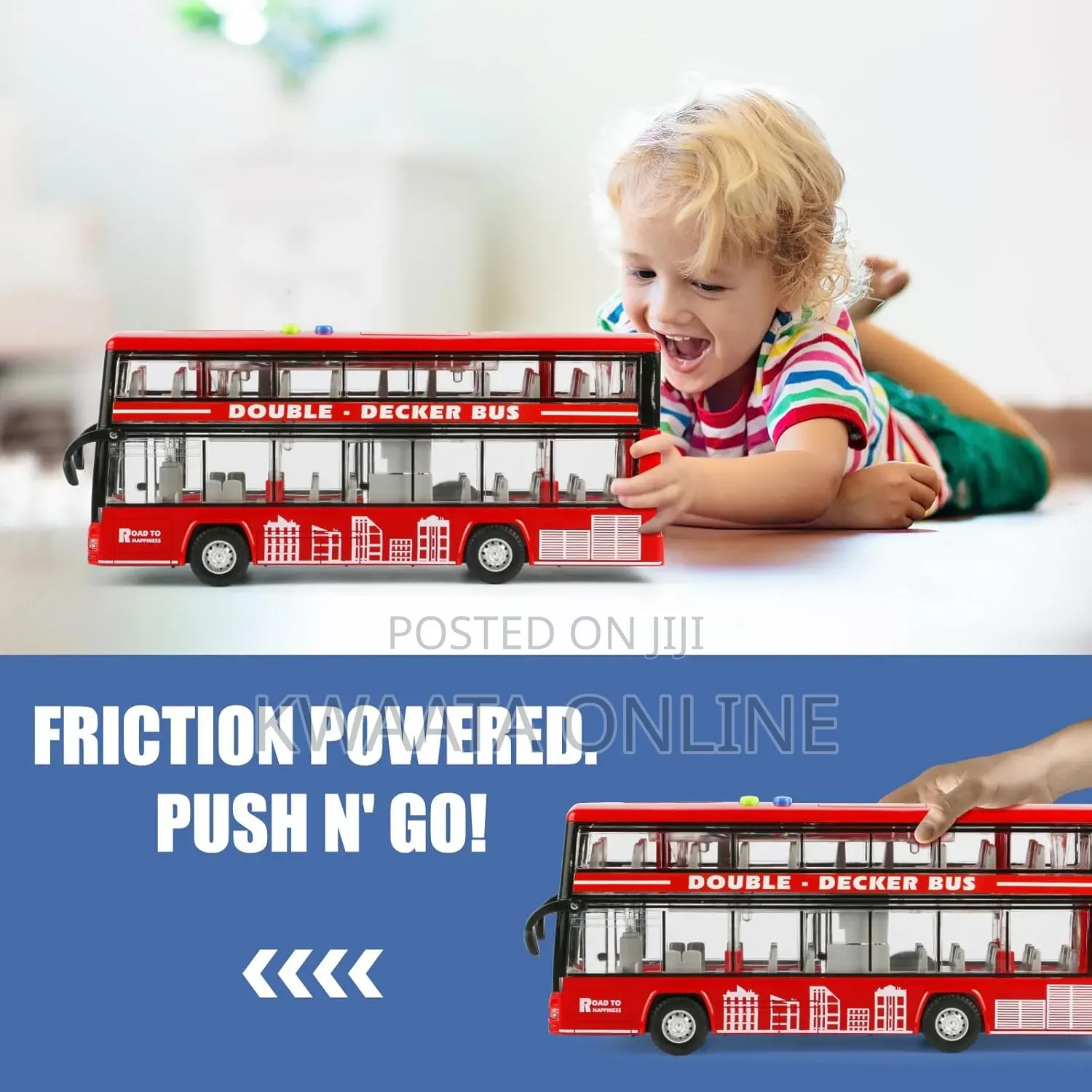 Double Decker Kids Bus Toy With Lights & Sounds - Friction Powered
