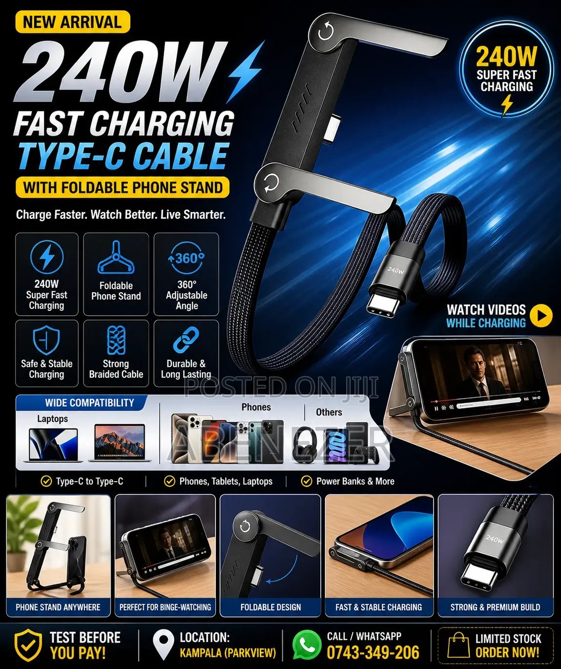 240w Super Fast Charge Type-c To C Cable + Foldable Phone Stand