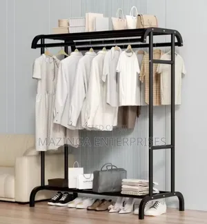 Metal Freestanding Garment Rack With Top and Bottom Storage Shelves