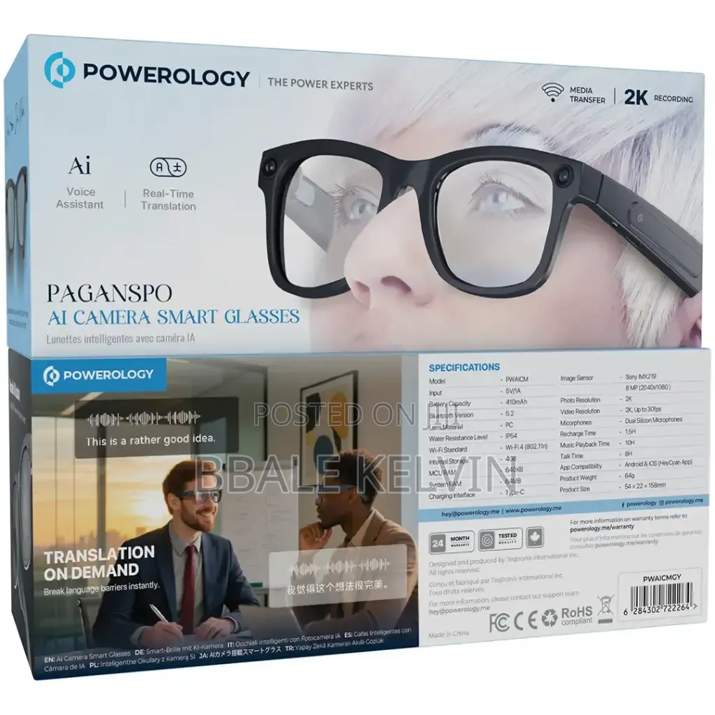 Powerology Paganspo Ai Smart Camera Glasses, Up to 10 Hours Playback