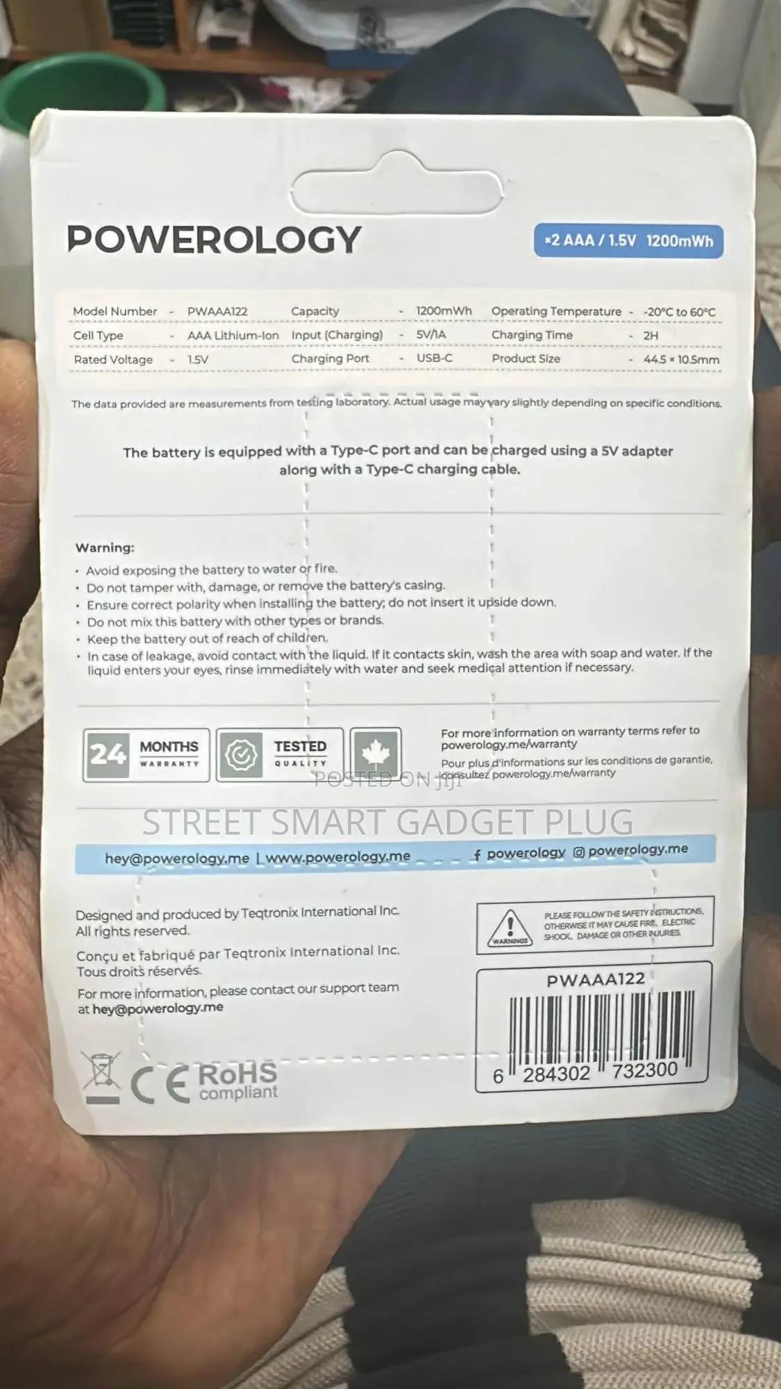 Powerology Usb-C Rechargeable Aa 1.5v Lithium-Ion 3200mwh Battery