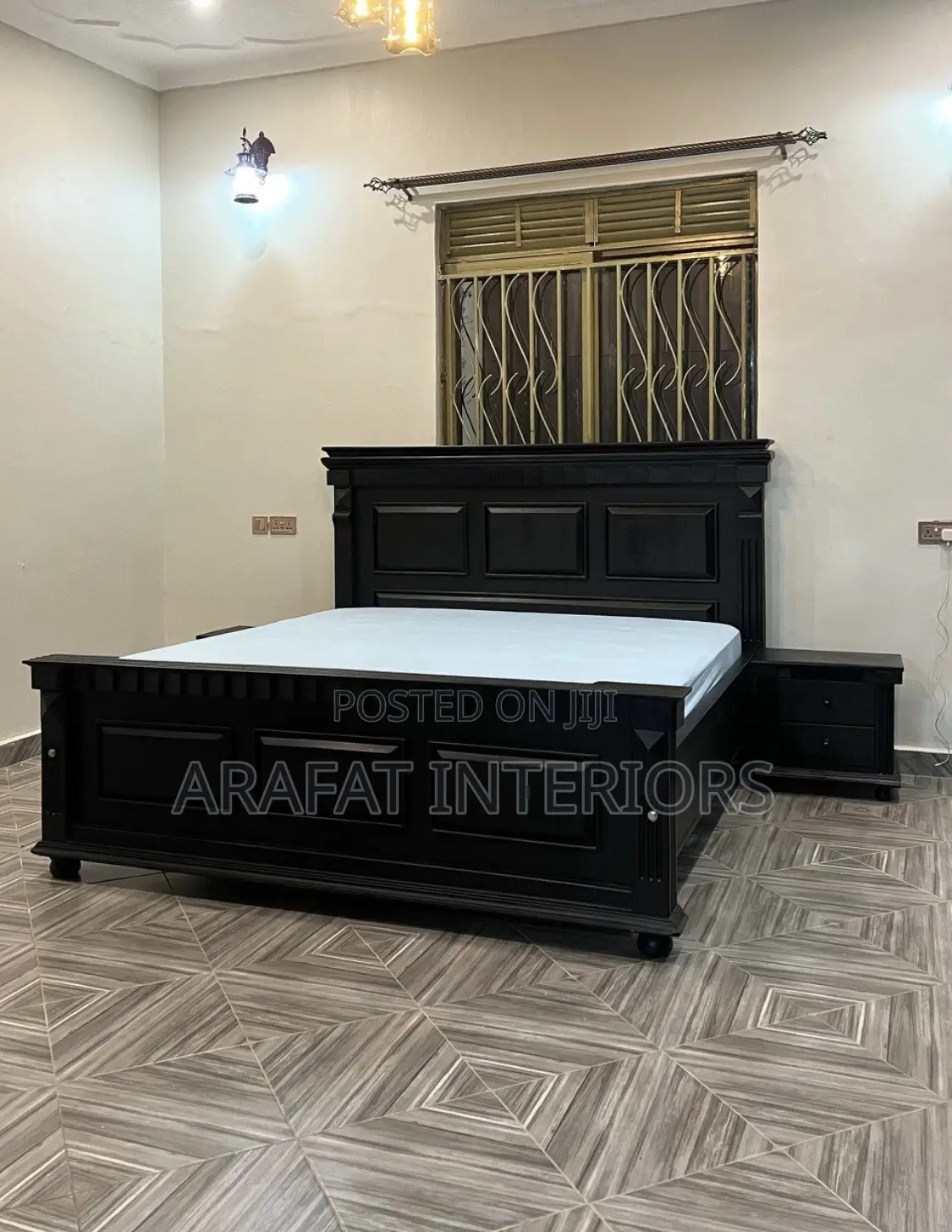 Bold Elegant – Matte Black Solid Wood Panel Bed