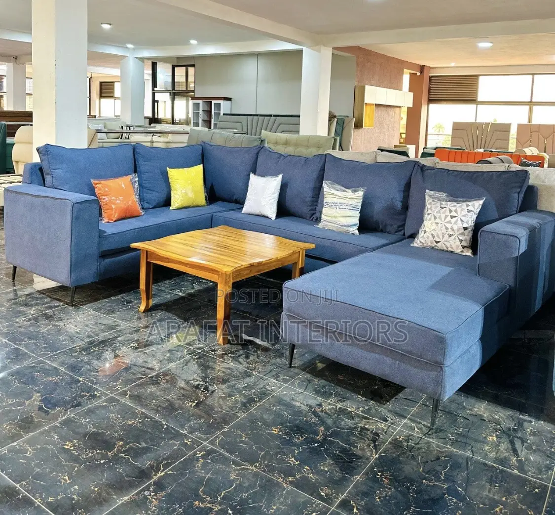 Beautiful L-Shaped Sofa in Rich Blue Fabric!
