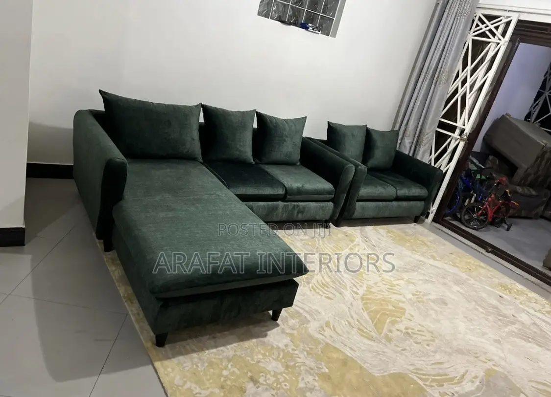 Elegant Dark Green Velvet L-Shaped Sectional Sofa.