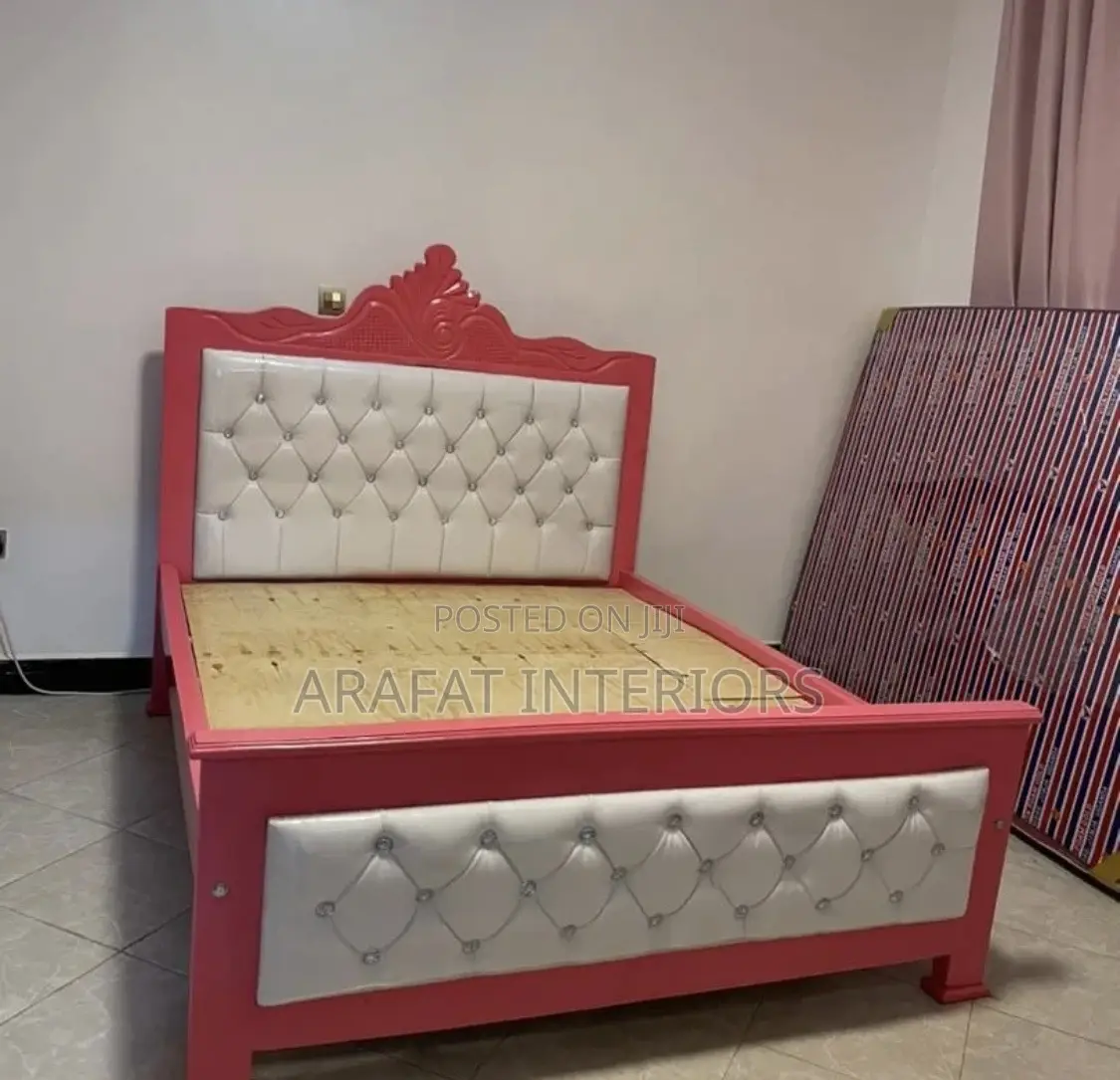 Stunning Pink Ornate Bed With White Tufted Upholstery! 