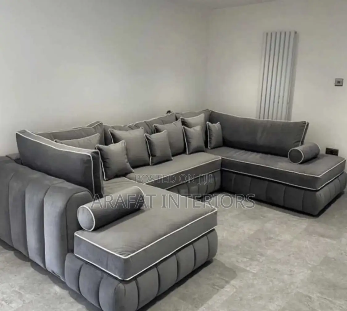 Gray Piped L-Sectional Sofa 