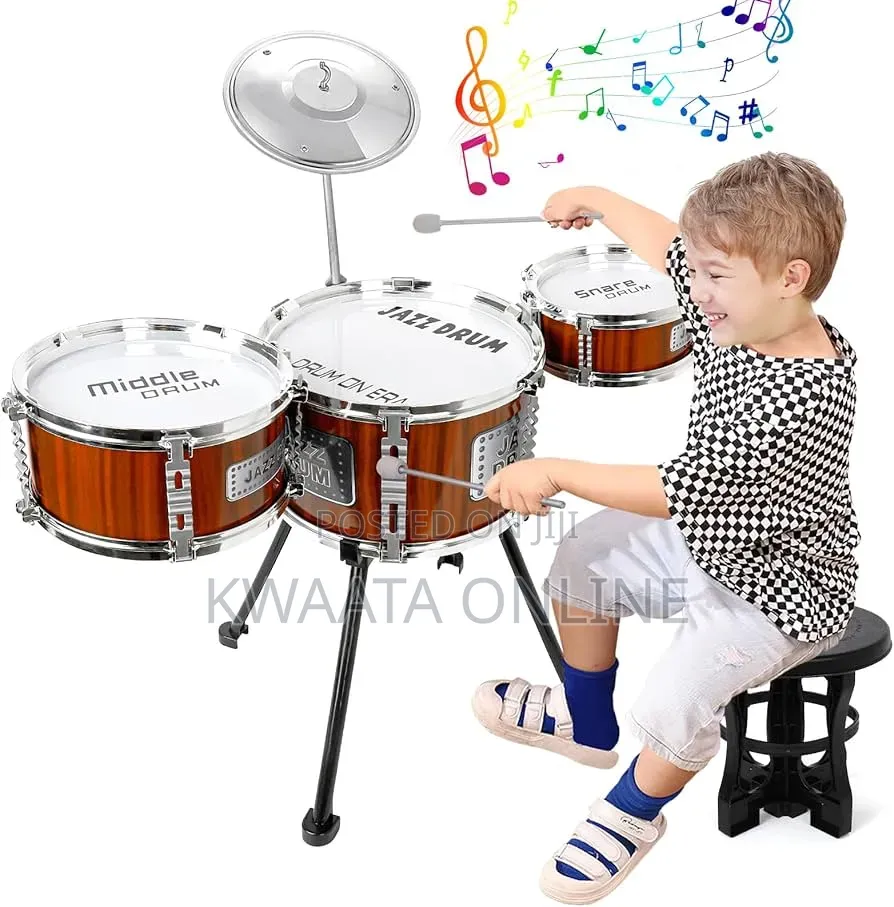 Kids Jazz Drum Set Music Toy 3 Drums Percussion Kit With Stool