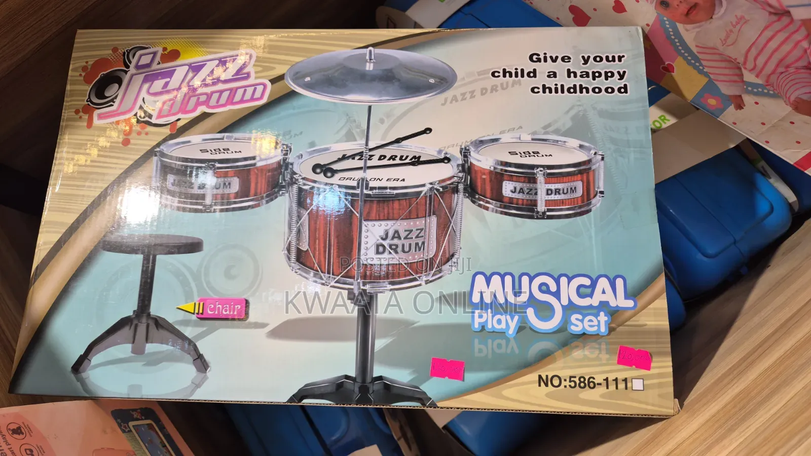 Kids Jazz Drum Set Music Toy 3 Drums Percussion Kit With Stool