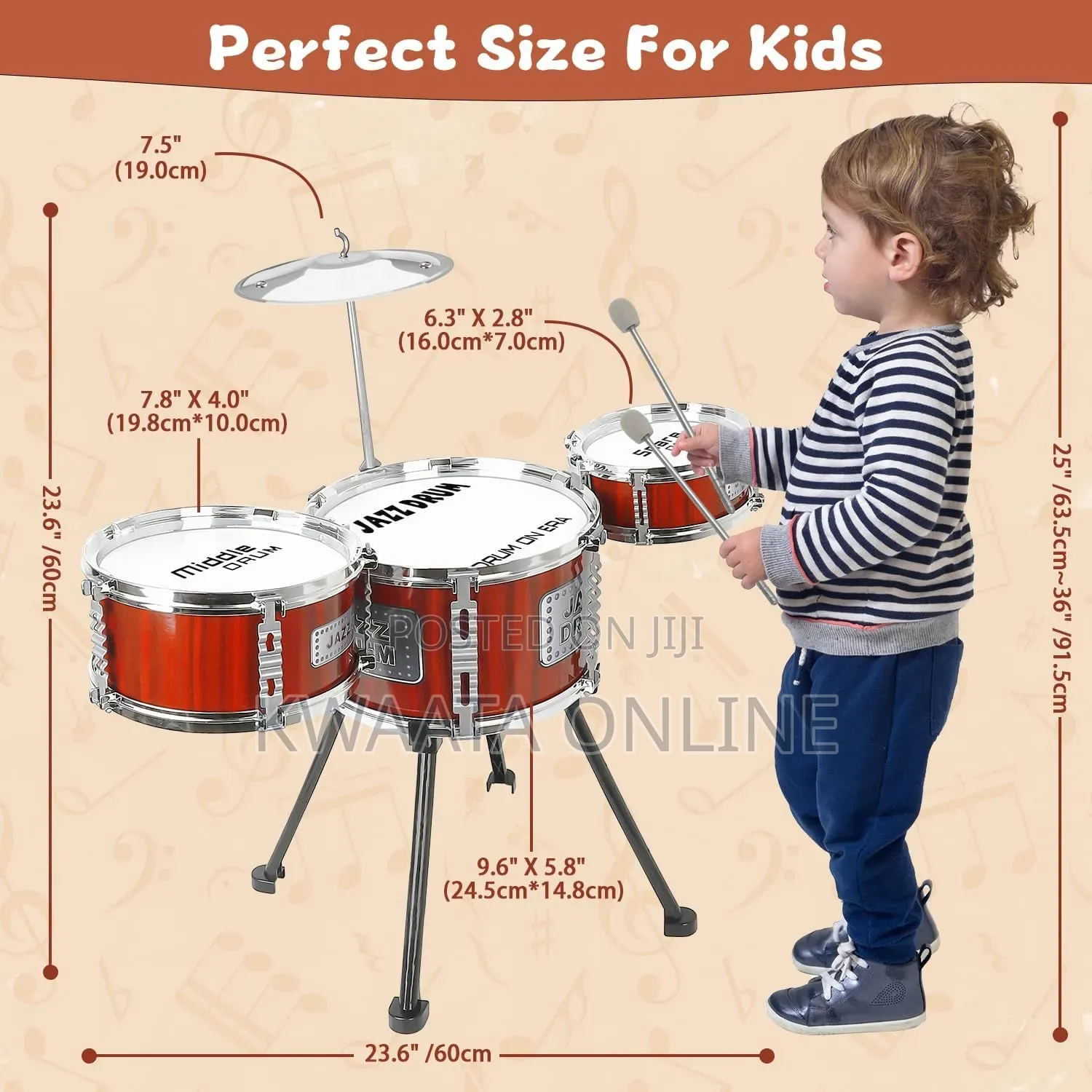 Kids Jazz Drum Set Music Toy 3 Drums Percussion Kit With Stool