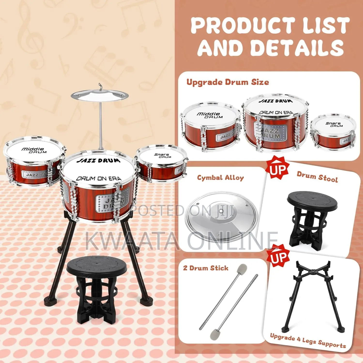 Kids Jazz Drum Set Music Toy 3 Drums Percussion Kit With Stool