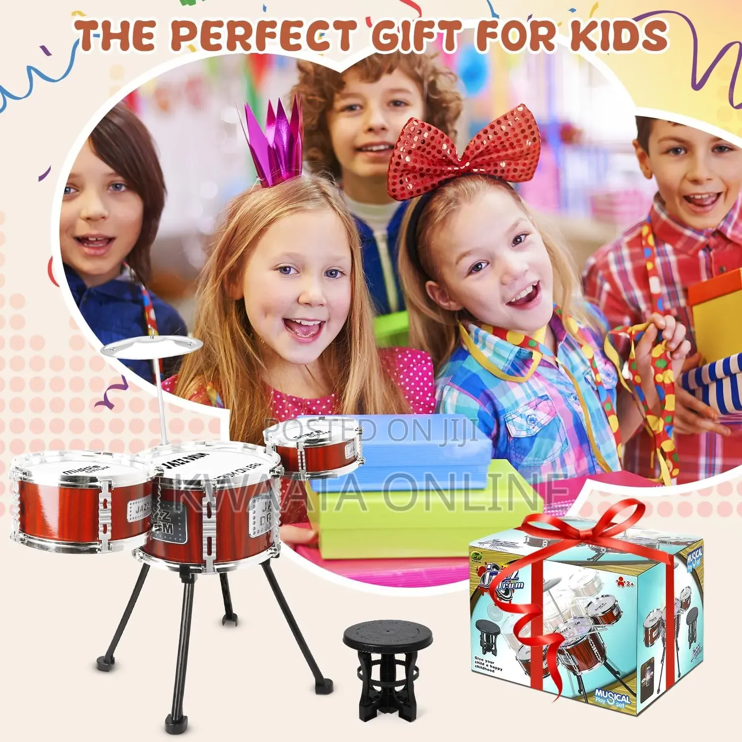 Kids Jazz Drum Set Music Toy 3 Drums Percussion Kit With Stool