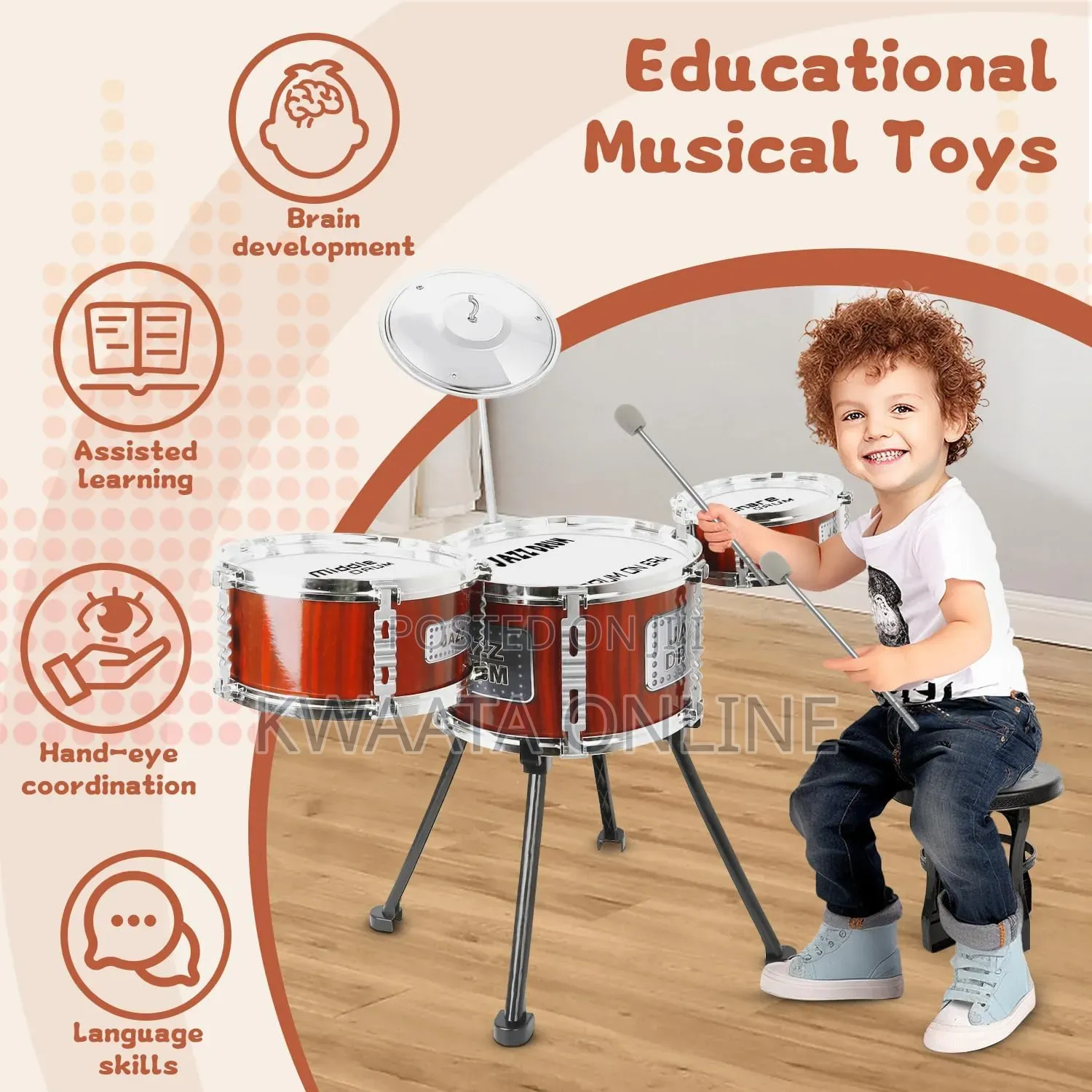 Kids Jazz Drum Set Music Toy 3 Drums Percussion Kit With Stool