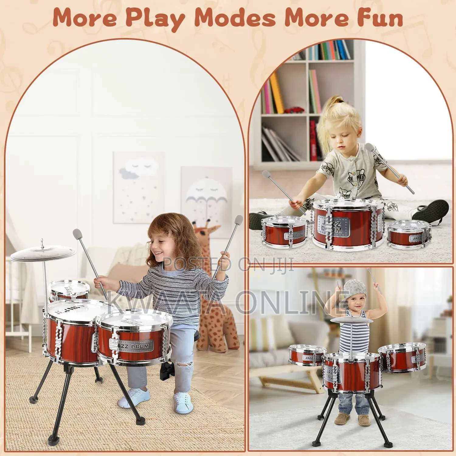Kids Jazz Drum Set Music Toy 3 Drums Percussion Kit With Stool