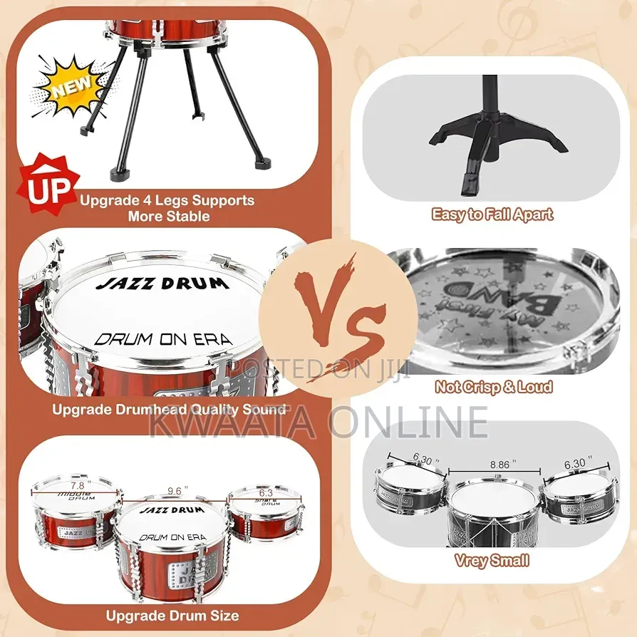 Kids Jazz Drum Set Music Toy 3 Drums Percussion Kit With Stool