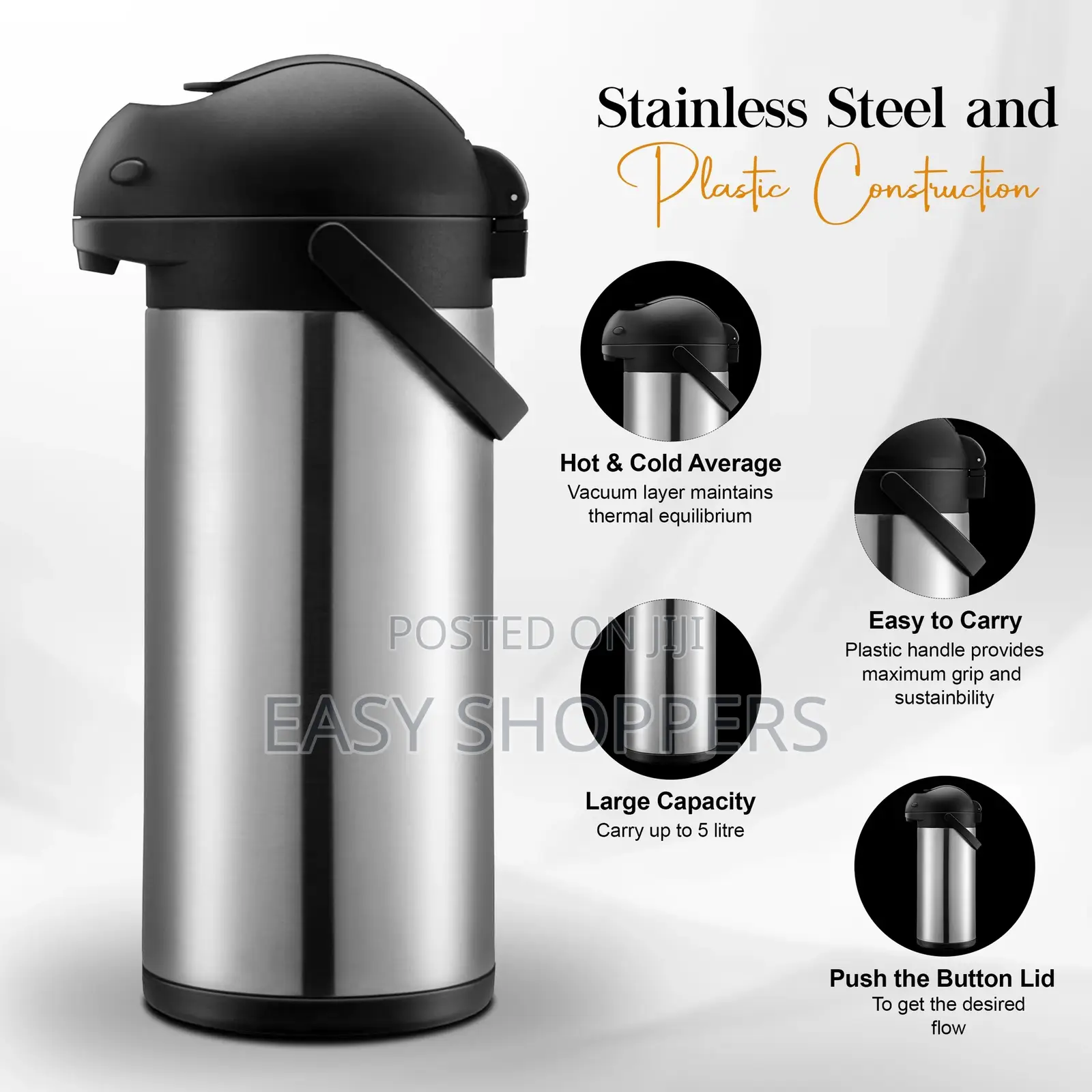 Stainless Steel Vacuum Jug Dispenser With a Pump Mechanism 5 Liters