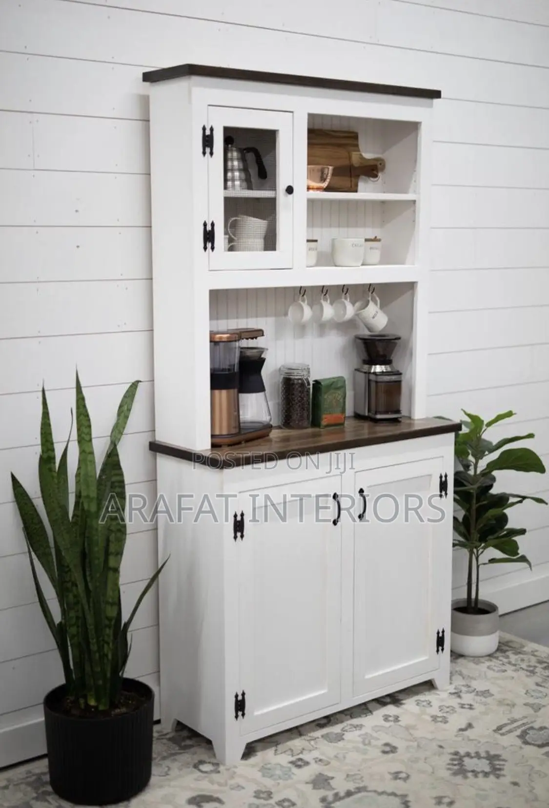Farmhouse White Dark Top Kitchen Hutch 