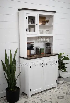 Farmhouse White Dark Top Kitchen Hutch 