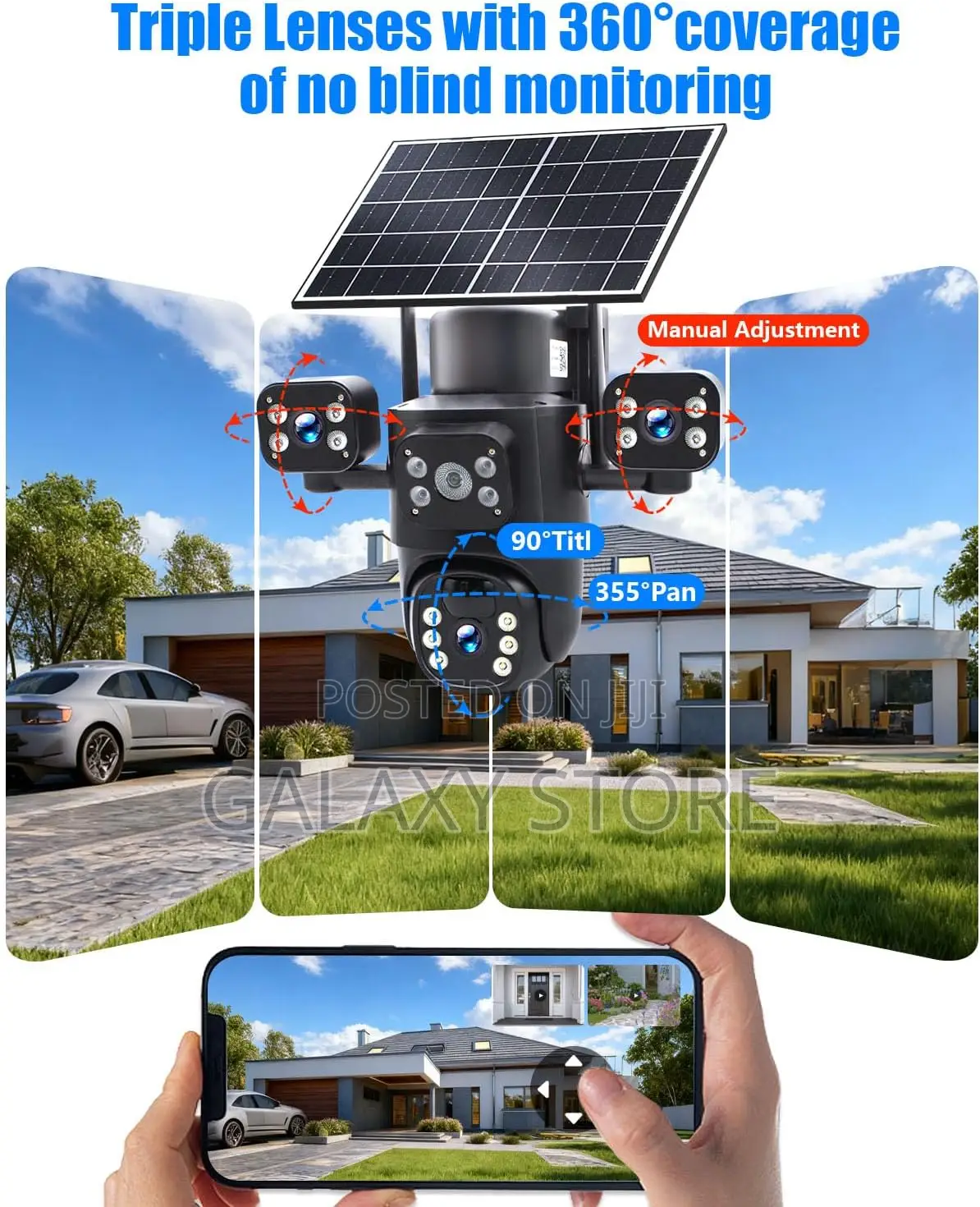Wireless 3 Lens Solar Security Cameras for Home Surveillance Outdoor