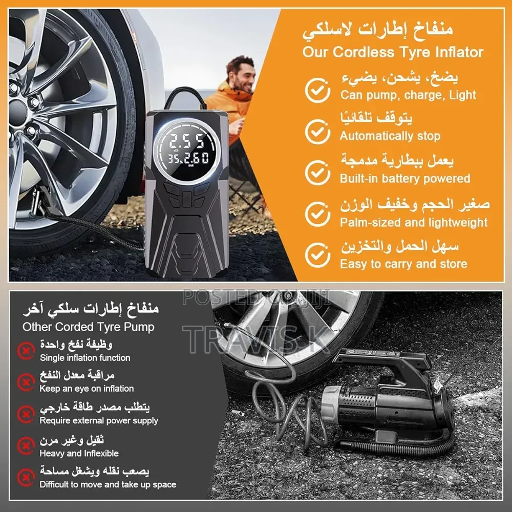 Cordless Tyre Inflator Portable Air Compressor, 4500mah