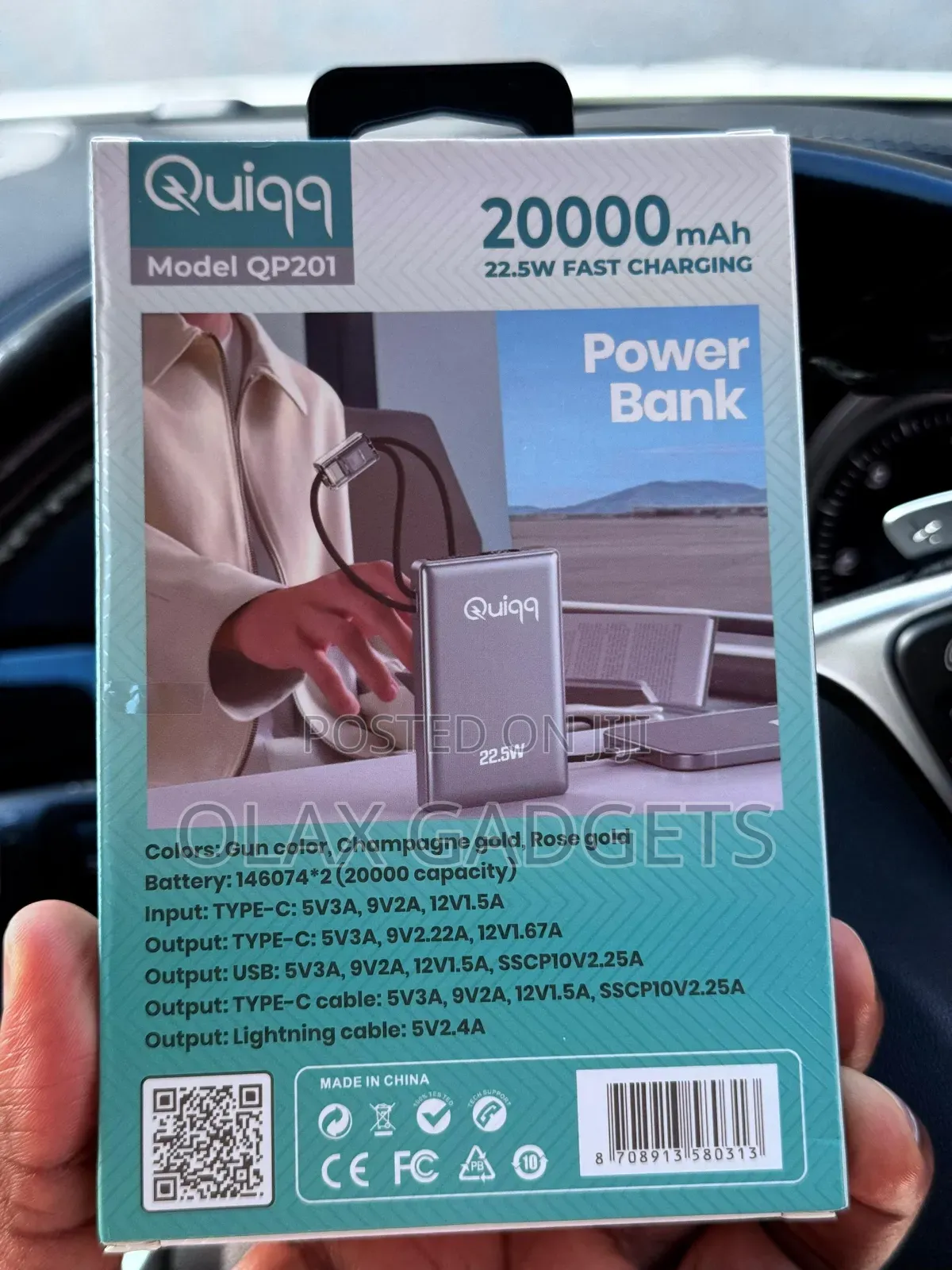 Quiqq 20000mah 22.5w Powerbank With Inbuilt Type C and iPhone Cables