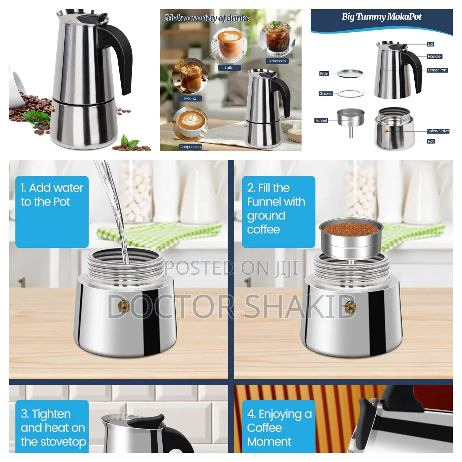 9 Cup Moka Pot Stainless Steel 450ml Italian Espresso Coffee Maker