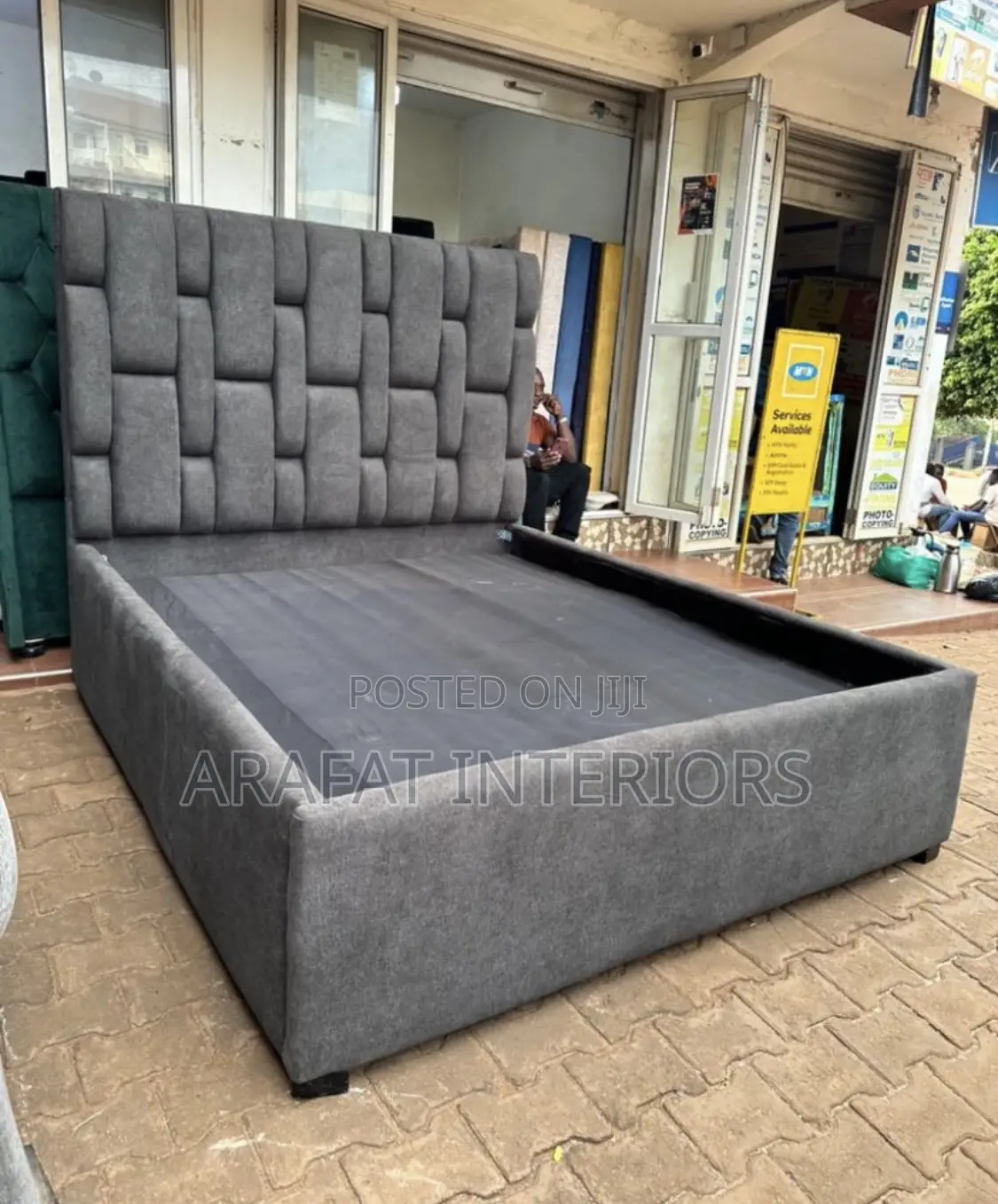 Modern Grey Grid Tufted Bed