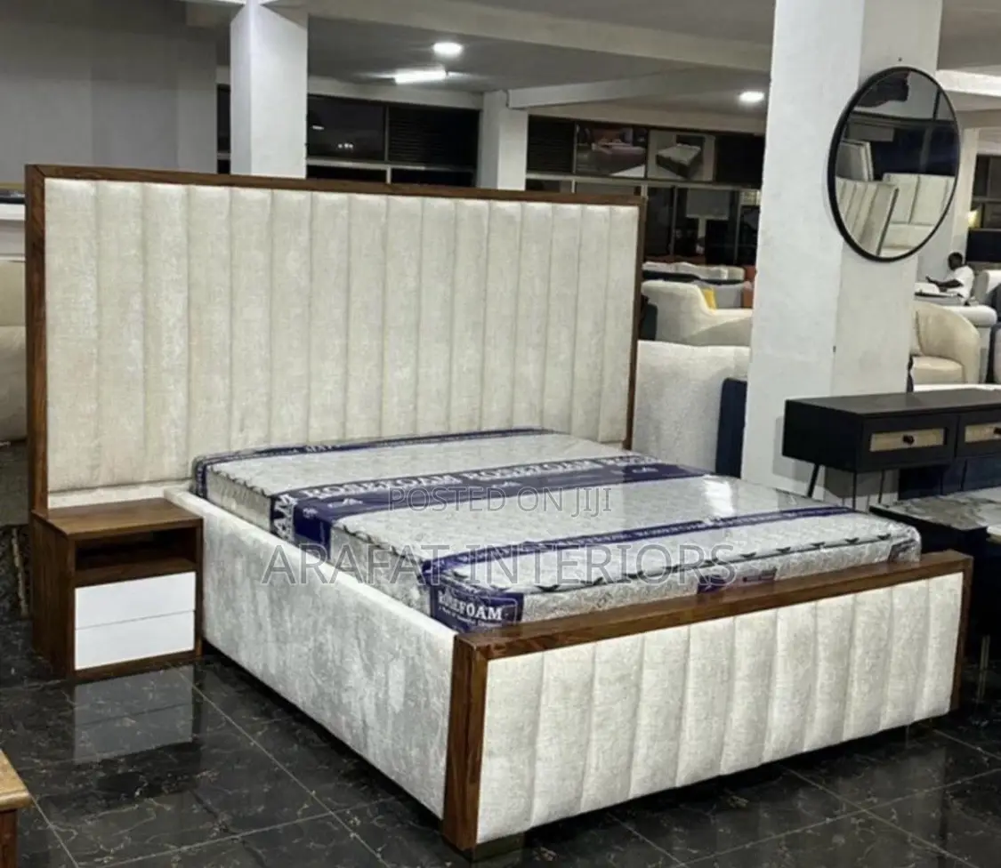 Luxury Upholstered Bed With Tall Headboard + Nightstand
