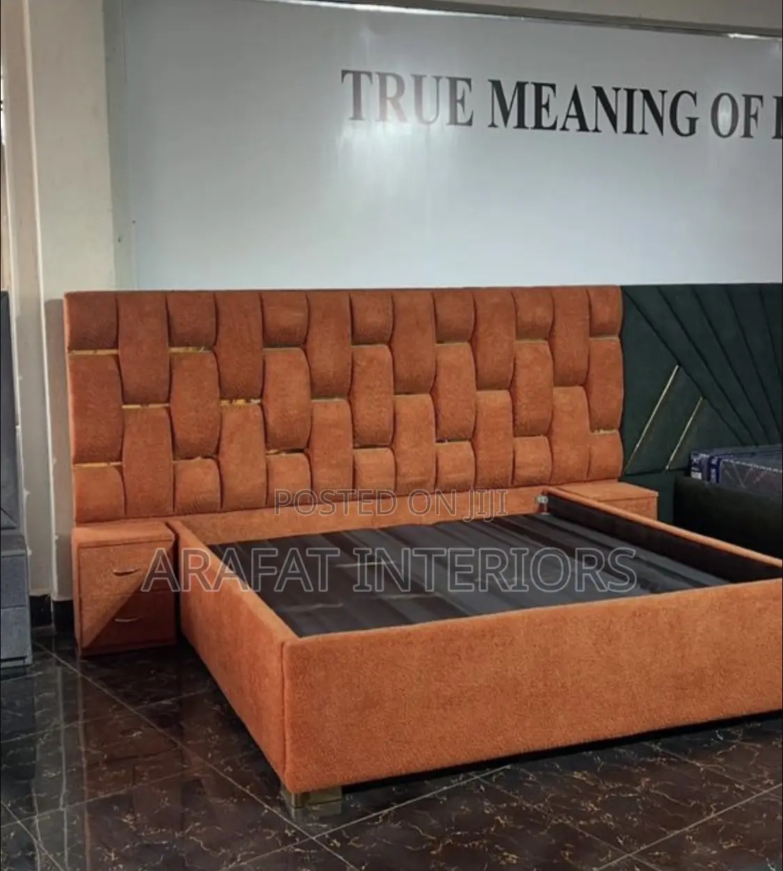 Luxury Orange Woven Upholstered Bed With Built-in Nightstands