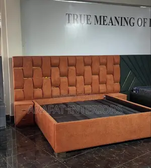 Luxury Orange Woven Upholstered Bed With Built-in Nightstands
