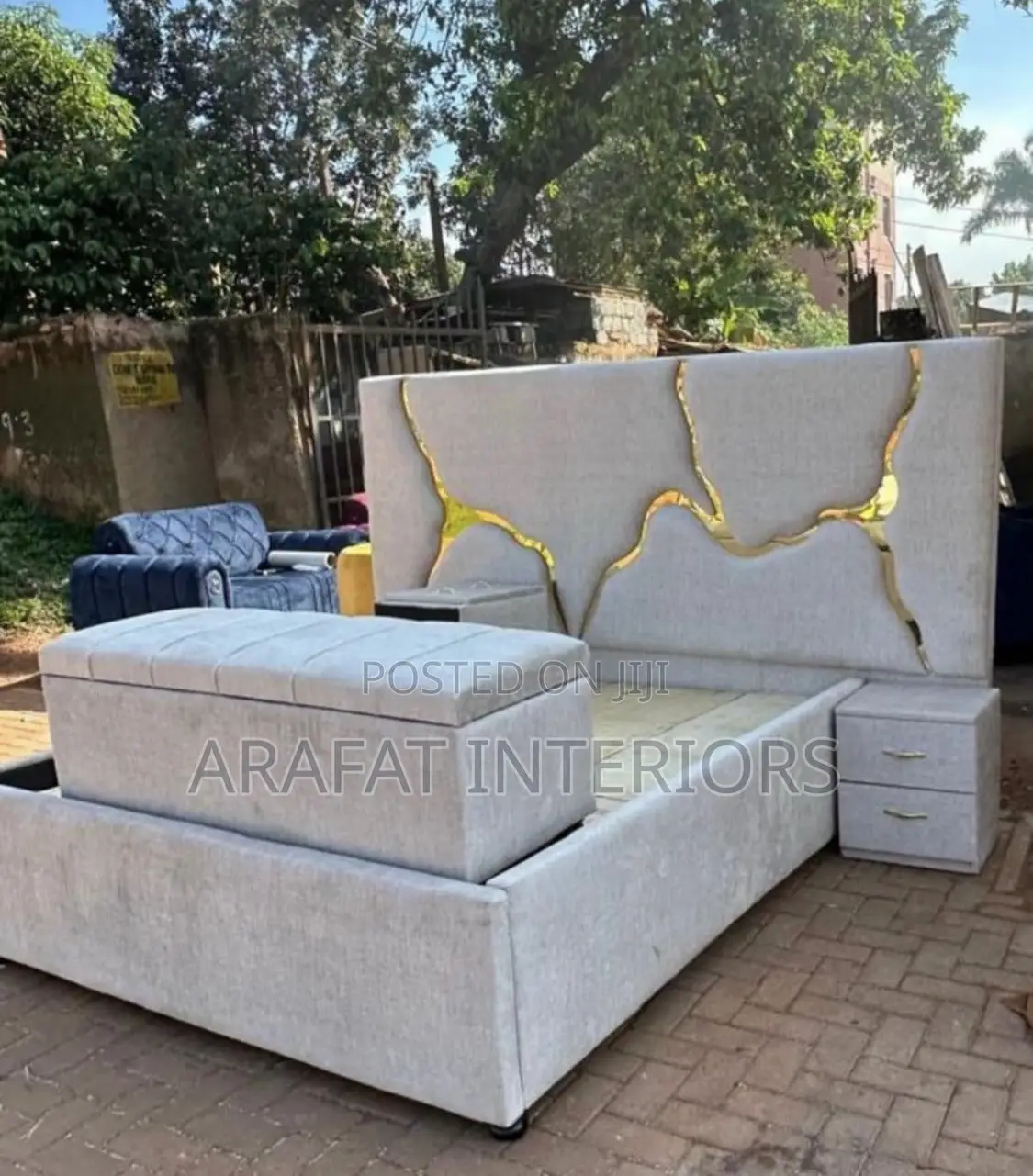 Luxury Grey Gold Kintsugi Upholstered Bed - Complete Set