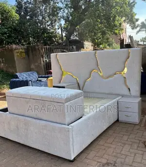 Luxury Grey Gold Kintsugi Upholstered Bed - Complete Set
