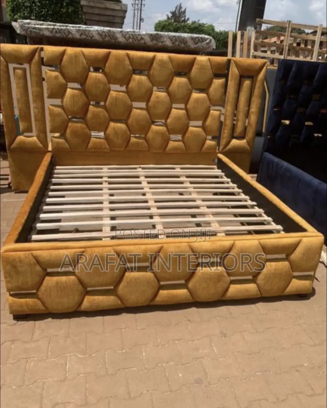 Luxury Mustard Yellow Honeycomb Tufted Bed
