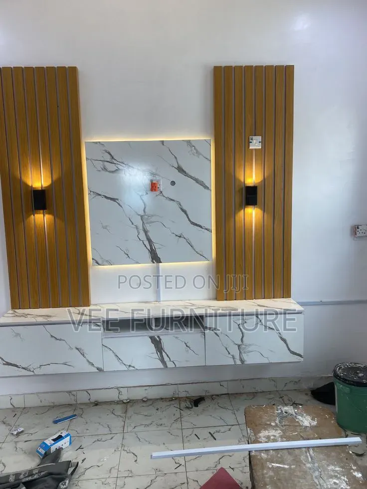 Luxury Floating Tv Wall Unit – Marble + Wood Slats + Led Lights